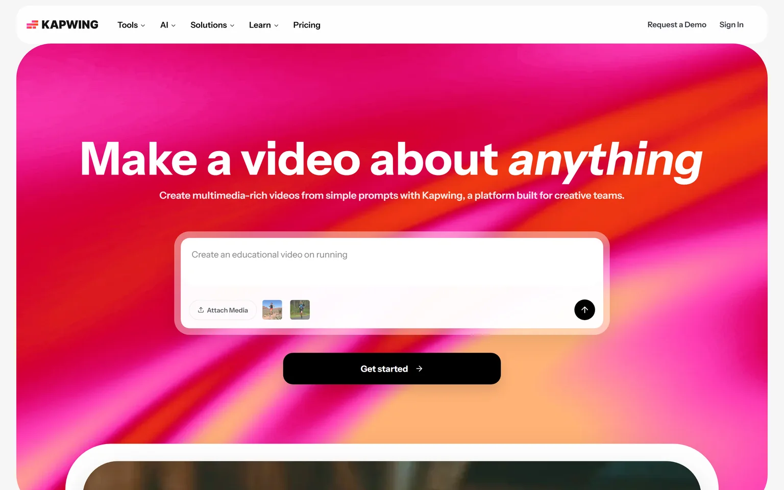 Kapwing homepage with the headline Make a video about anything