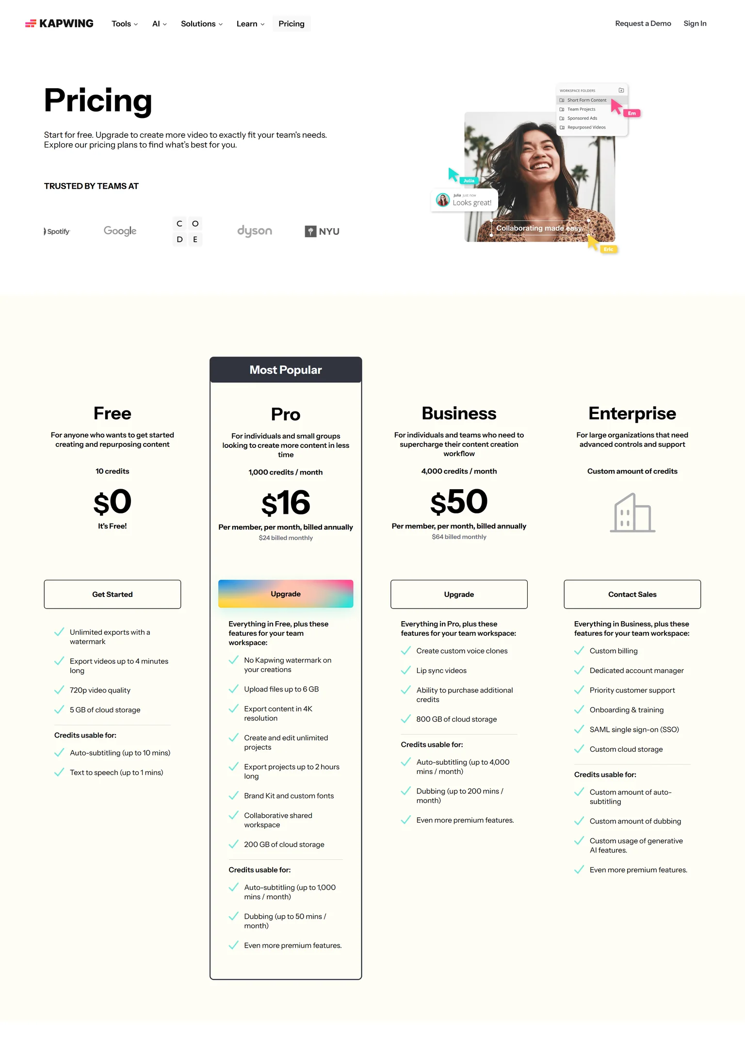 Kapwing pricing page showing the Free, Pro, Business and Enterprise plans