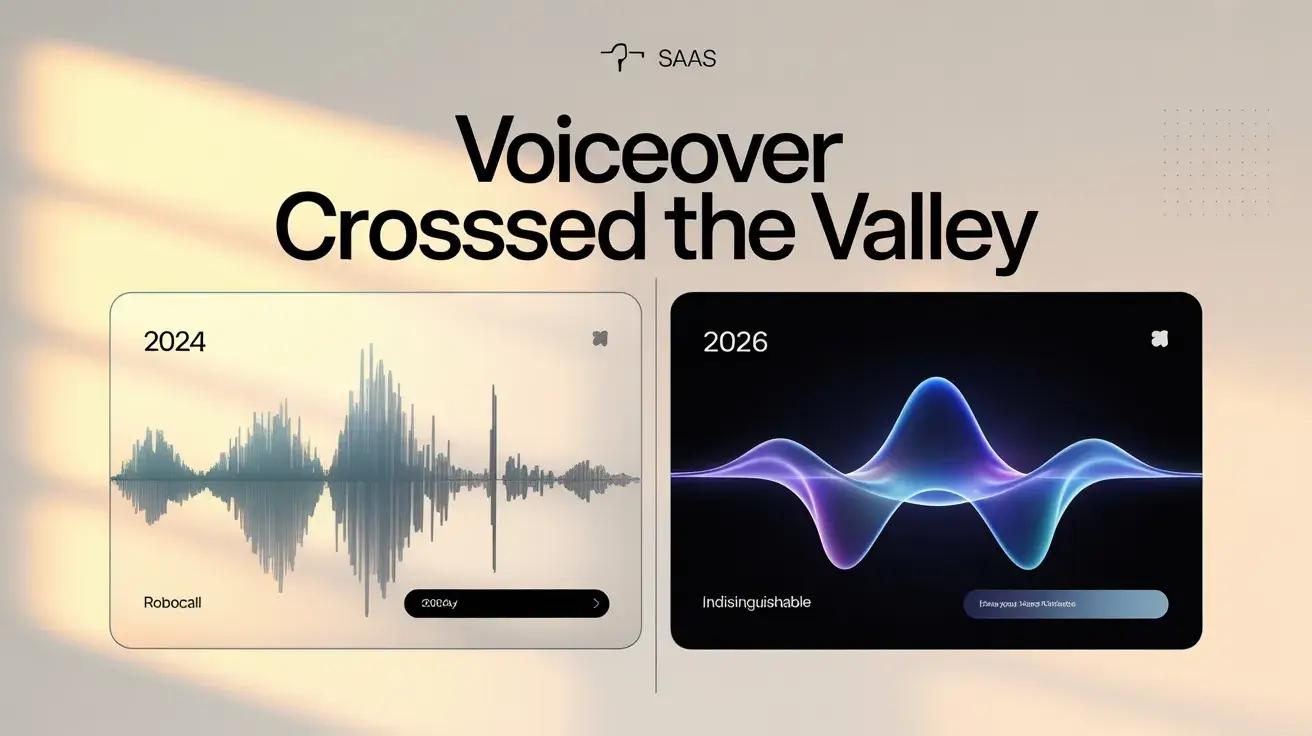 Voiceover Crossed the Valley comparison showing AI voiceover quality improvement from 2024 to 2026