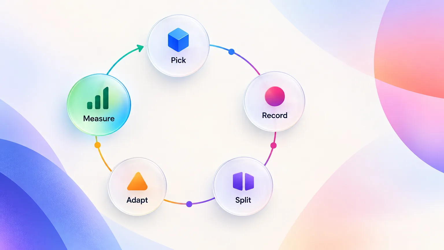 The five-stage content atomization framework as a loop, pick, record, split, adapt and measure