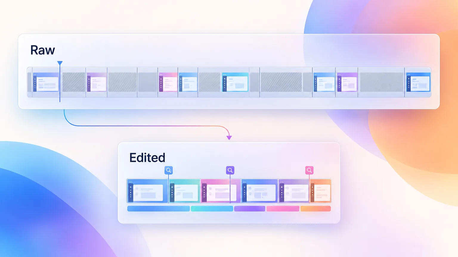 Raw demo footage compared with the edited product demo video after cutting dead time and adding zooms and captions