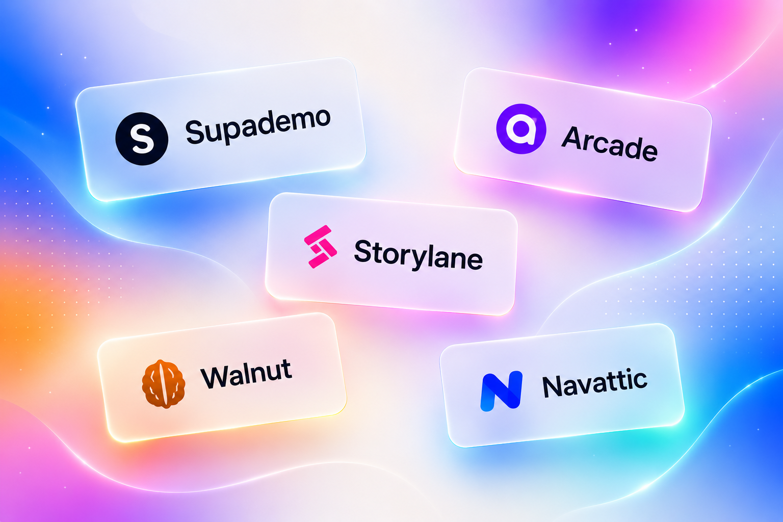 Premium SaaS editorial logo cloud featuring Supademo, Arcade, Storylane, Walnut, and Navattic in floating glassmorphism cards.