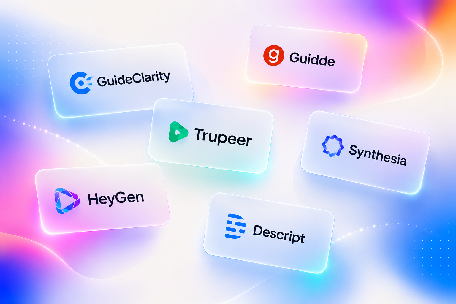 Premium SaaS editorial logo cloud featuring GuideClarity, Guidde, Trupeer, Synthesia, HeyGen, and Descript in floating glassmorphism cards.