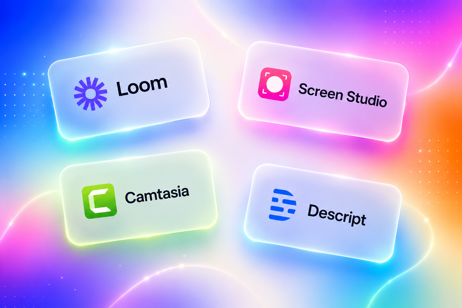 Premium SaaS editorial logo cloud featuring Loom, Screen Studio, Camtasia, and Descript in floating glassmorphism cards.