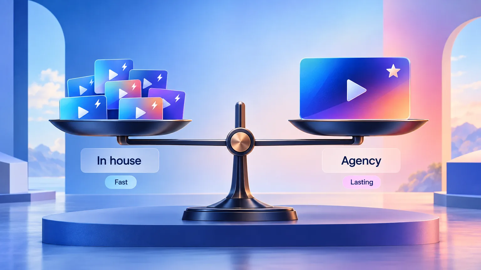 A balance scale with many fast in-house videos on one side and one lasting agency video on the other.