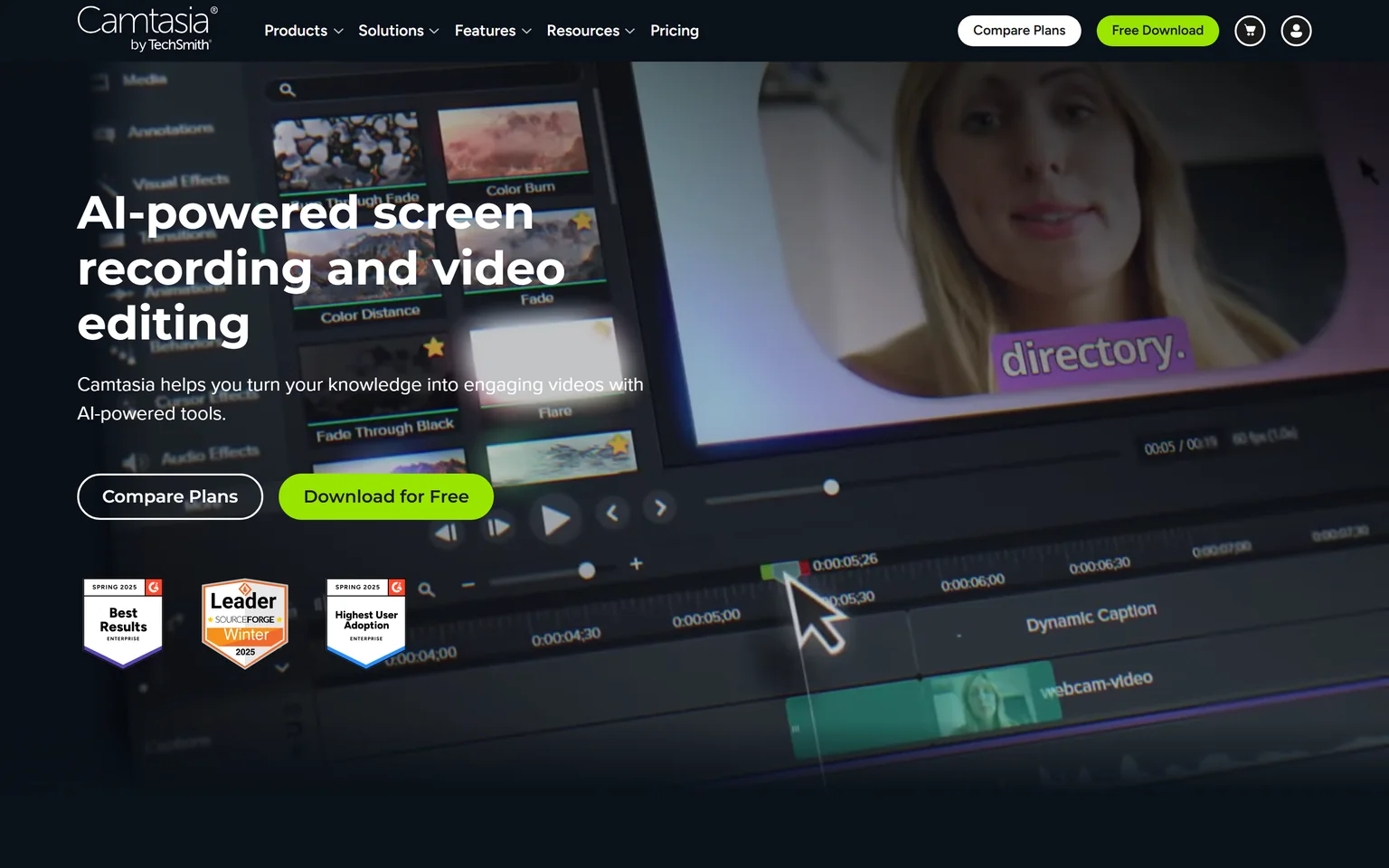 Camtasia homepage with the headline AI-powered screen recording and video editing