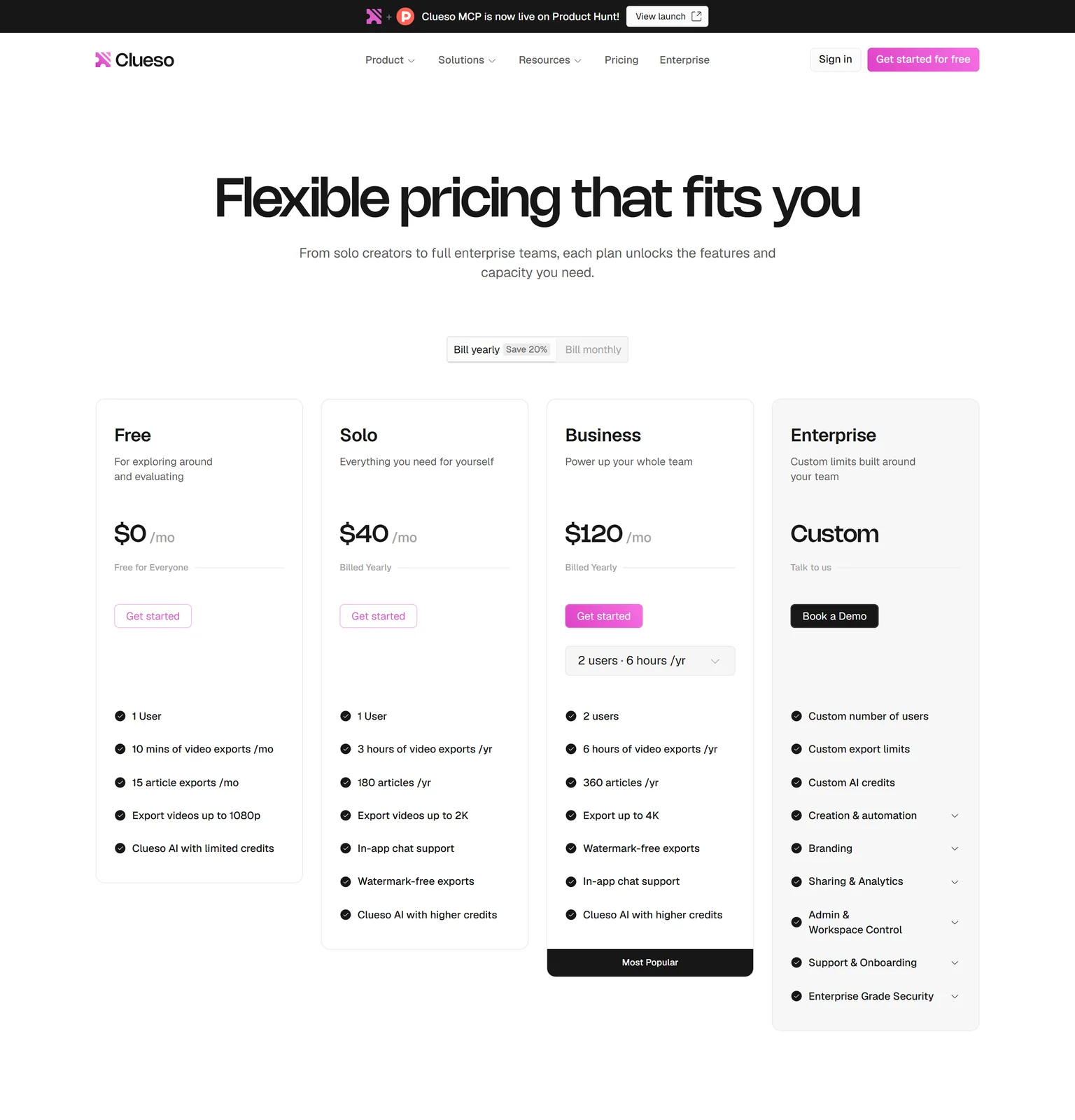 Clueso pricing page showing the Free, Solo, Business and Enterprise plans with yearly billing