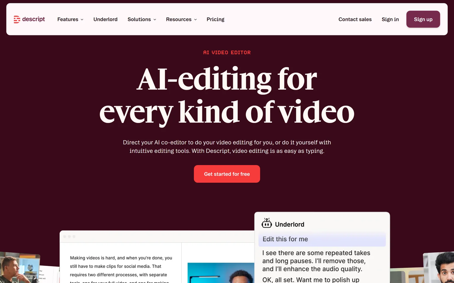 Descript homepage with the headline AI-editing for every kind of video