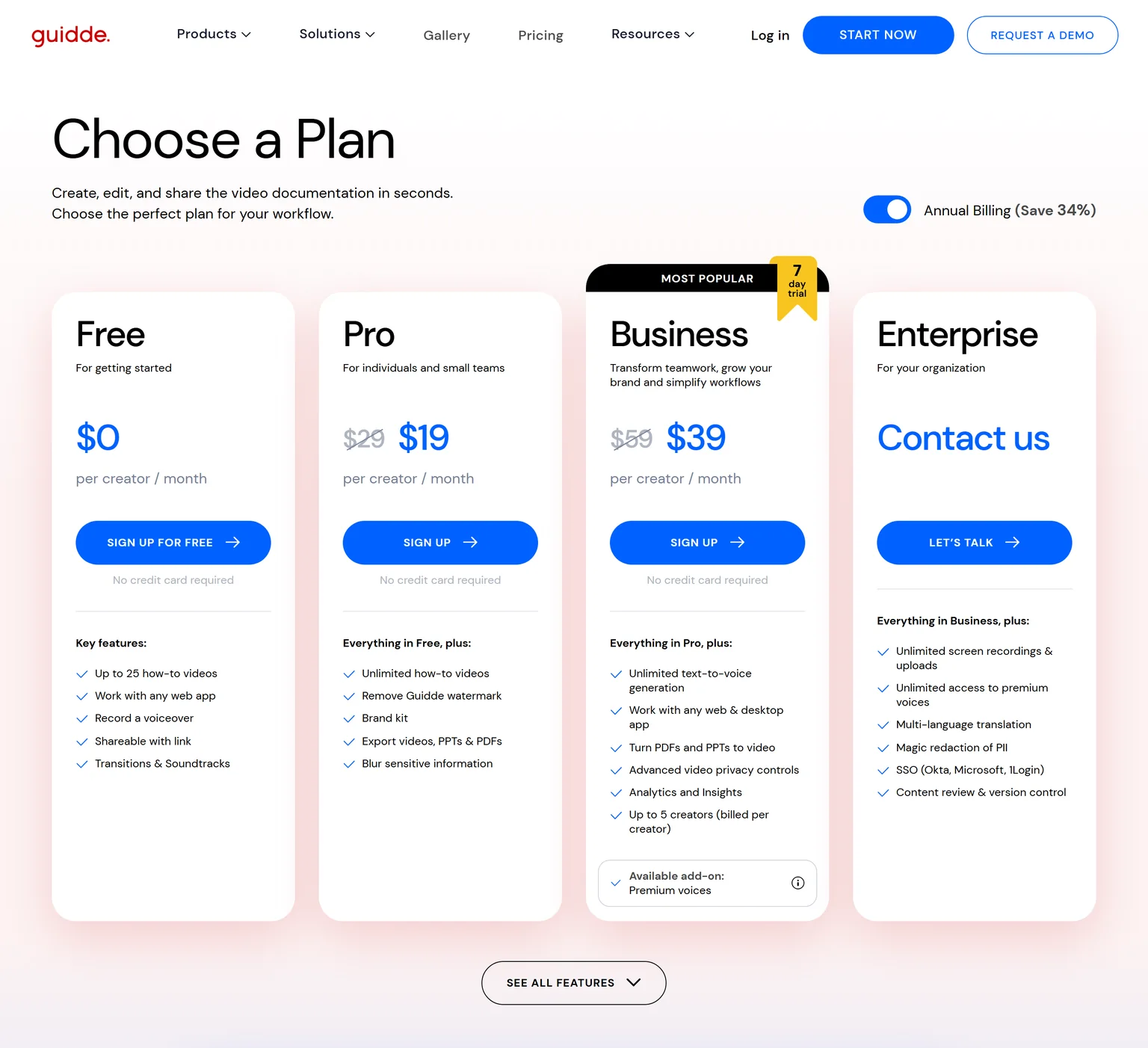 Guidde pricing page showing the Free, Pro, Business and Enterprise plans with annual billing