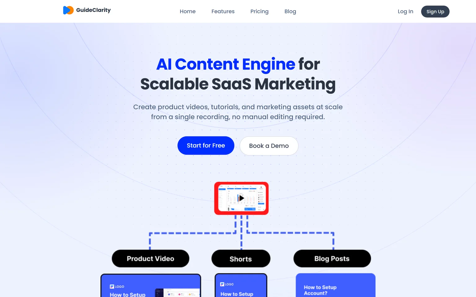 GuideClarity features page with the headline AI Content Engine for Scalable SaaS Marketing