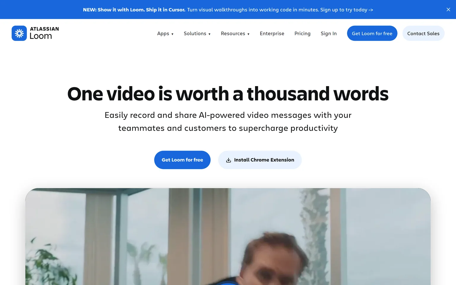 Loom homepage with the headline One video is worth a thousand words