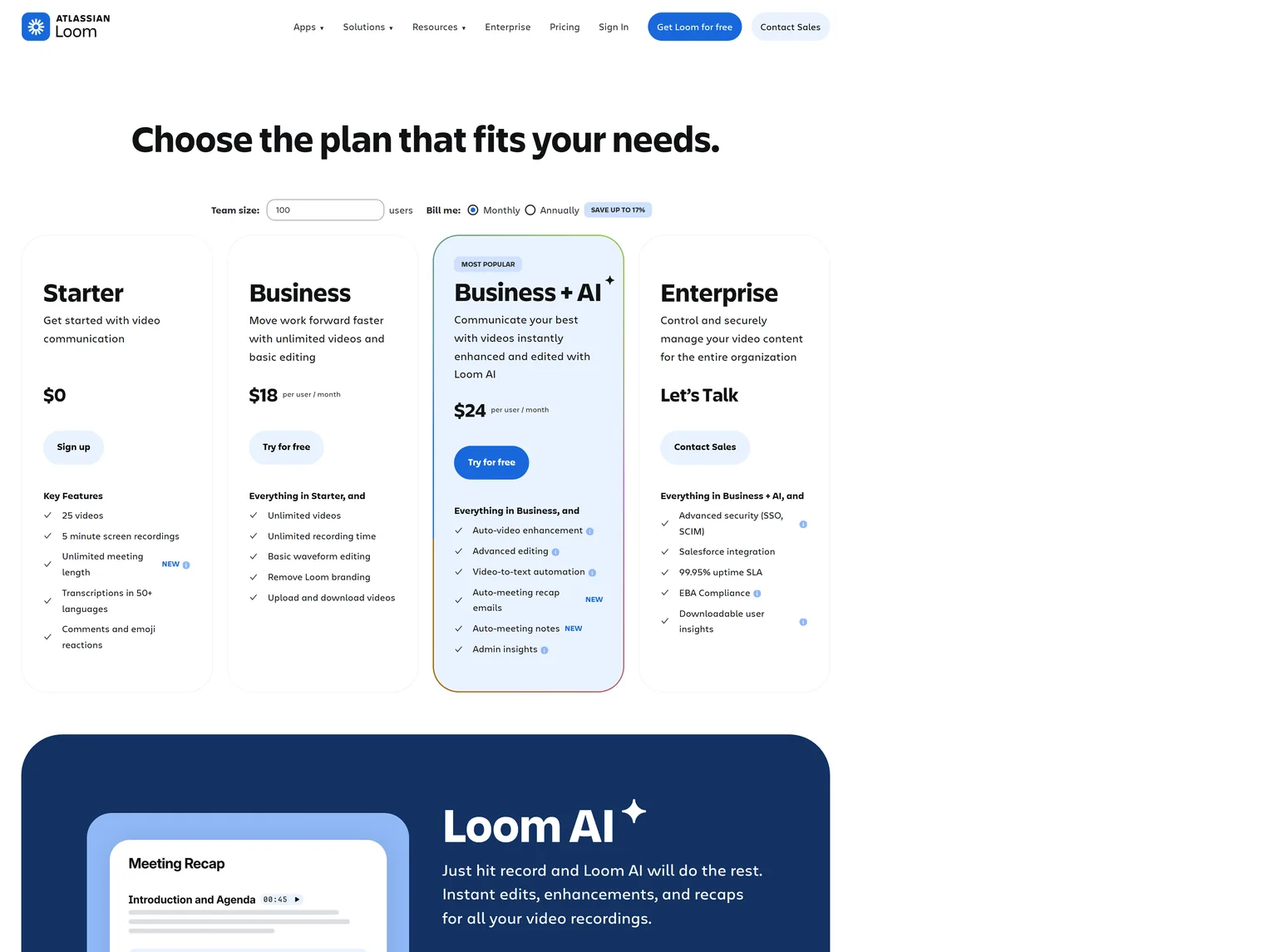 Loom pricing page showing the Starter, Business, Business plus AI and Enterprise plans
