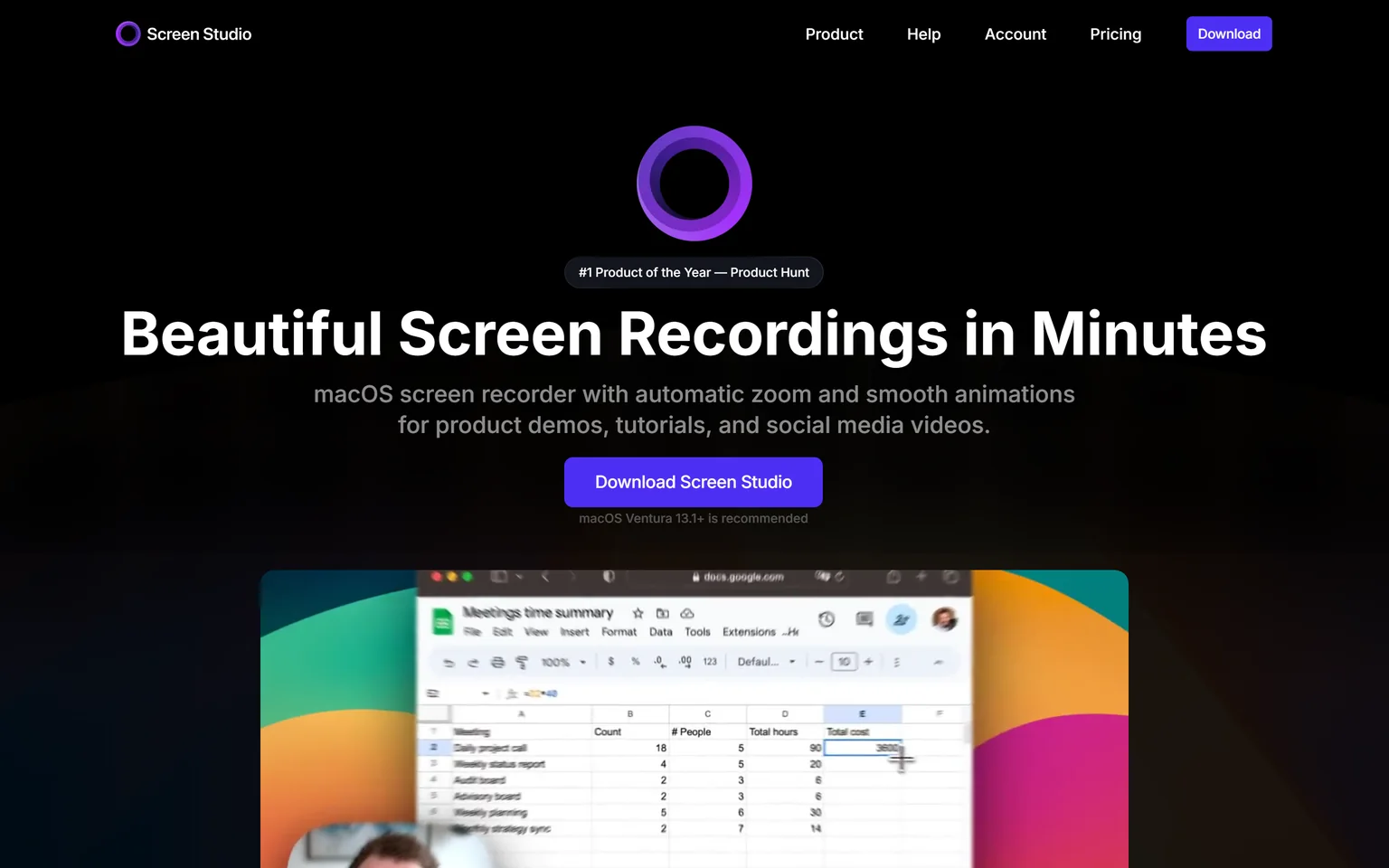 Screen Studio homepage with the headline Beautiful Screen Recordings in Minutes