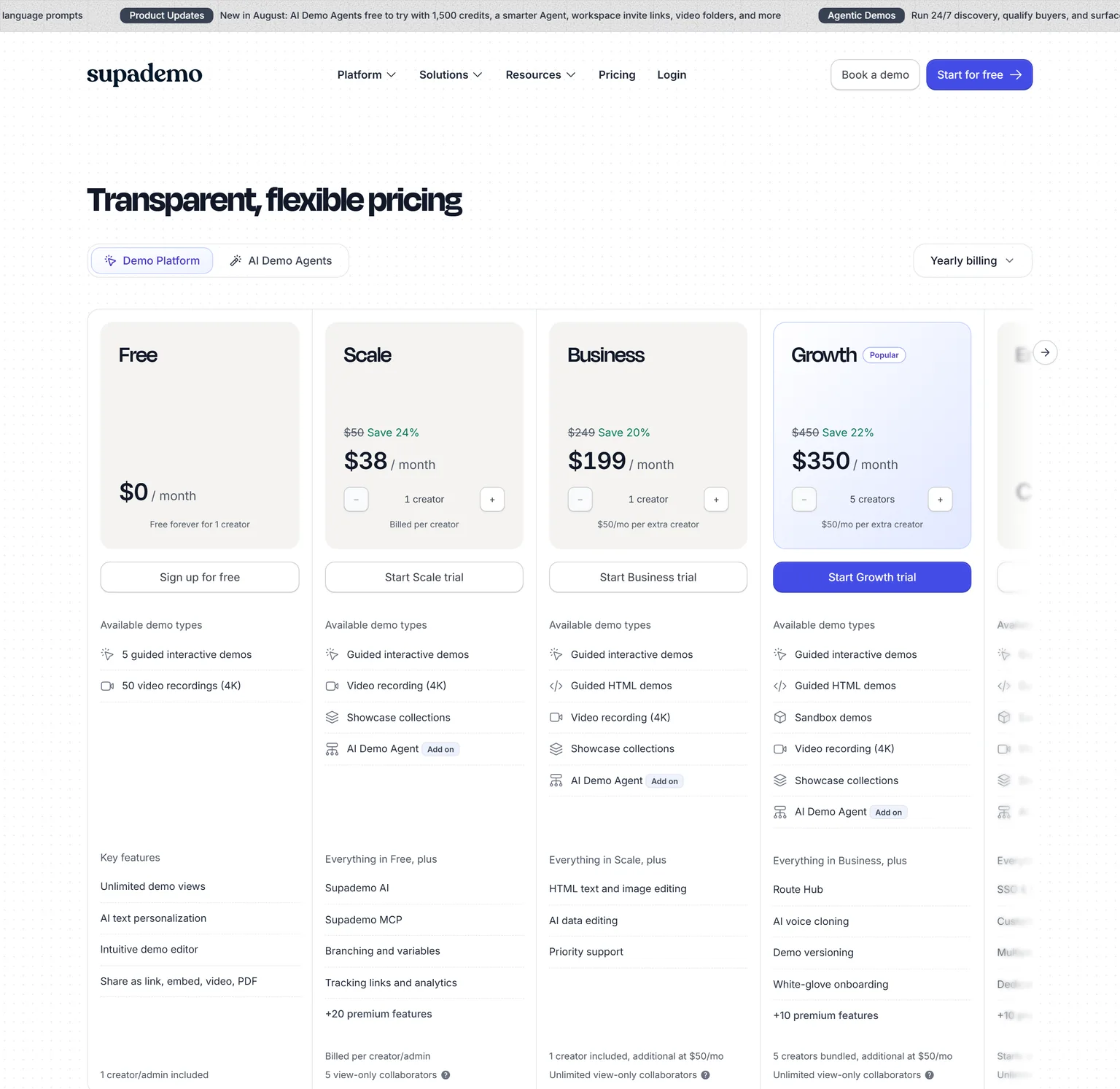 Supademo pricing page showing the Free, Scale, Business and Growth plans with yearly billing