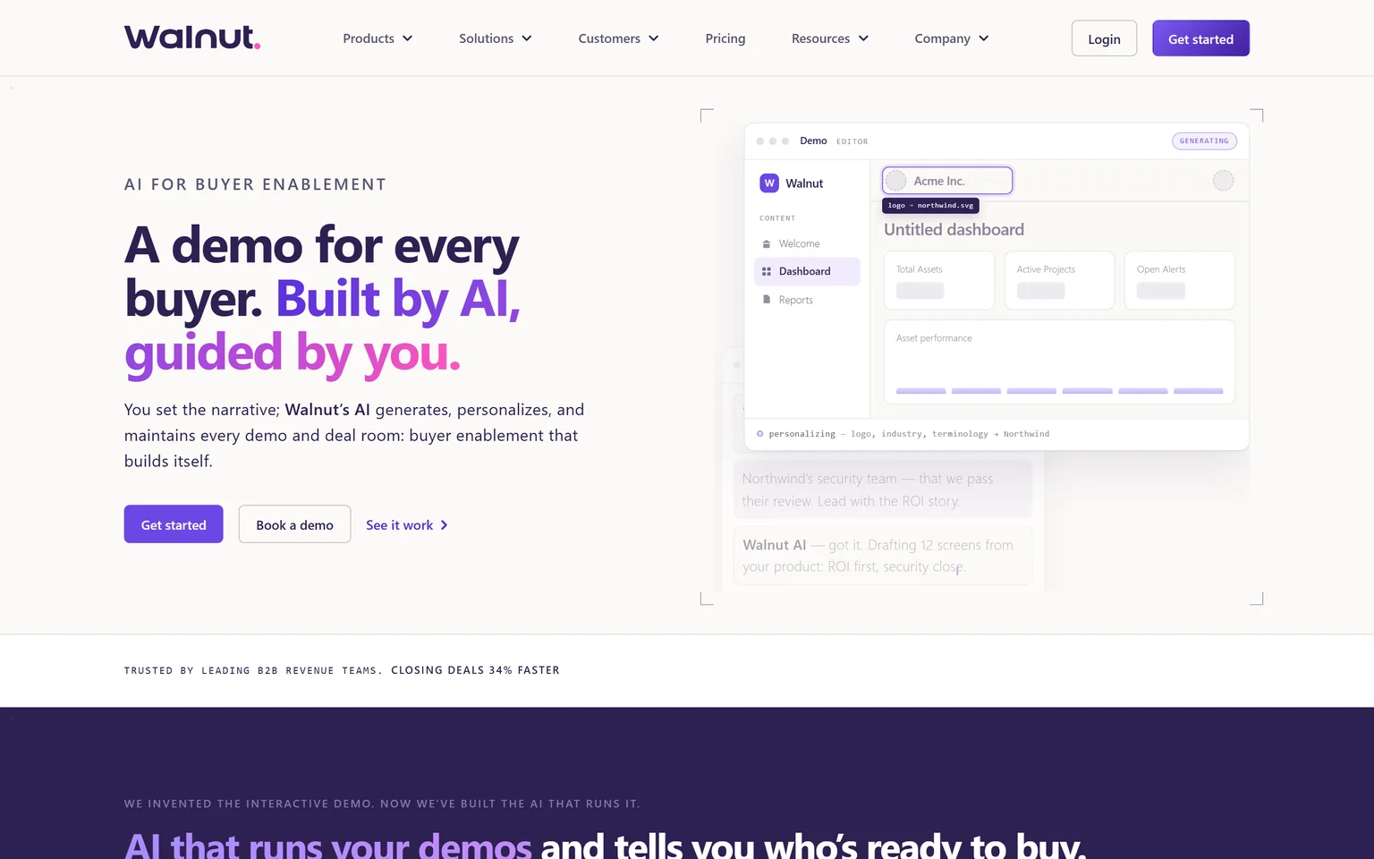 Walnut homepage with the headline A demo for every buyer. Built by AI, guided by you