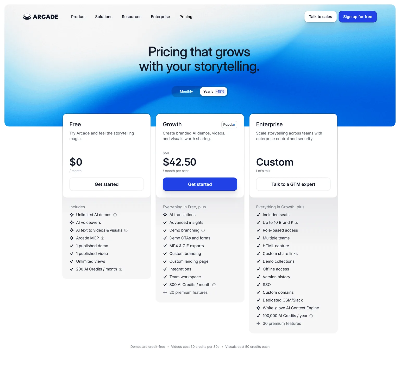 Arcade pricing page showing the Free, Growth and Enterprise plans with yearly billing selected