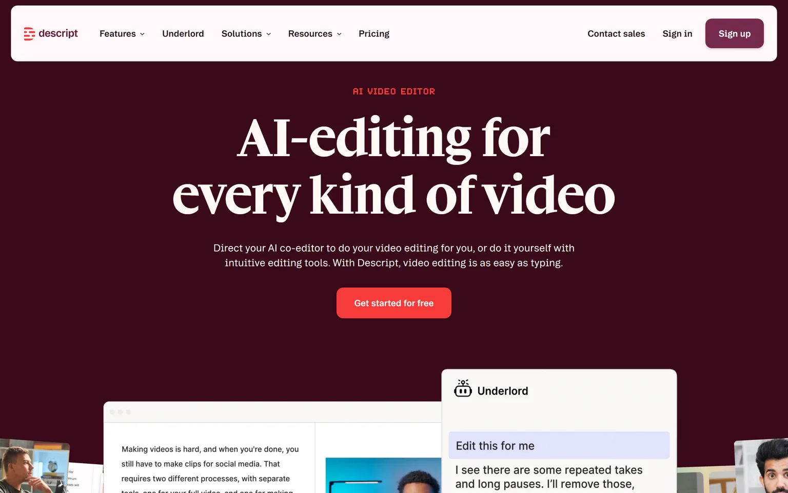 Descript homepage with the headline AI-editing for every kind of video
