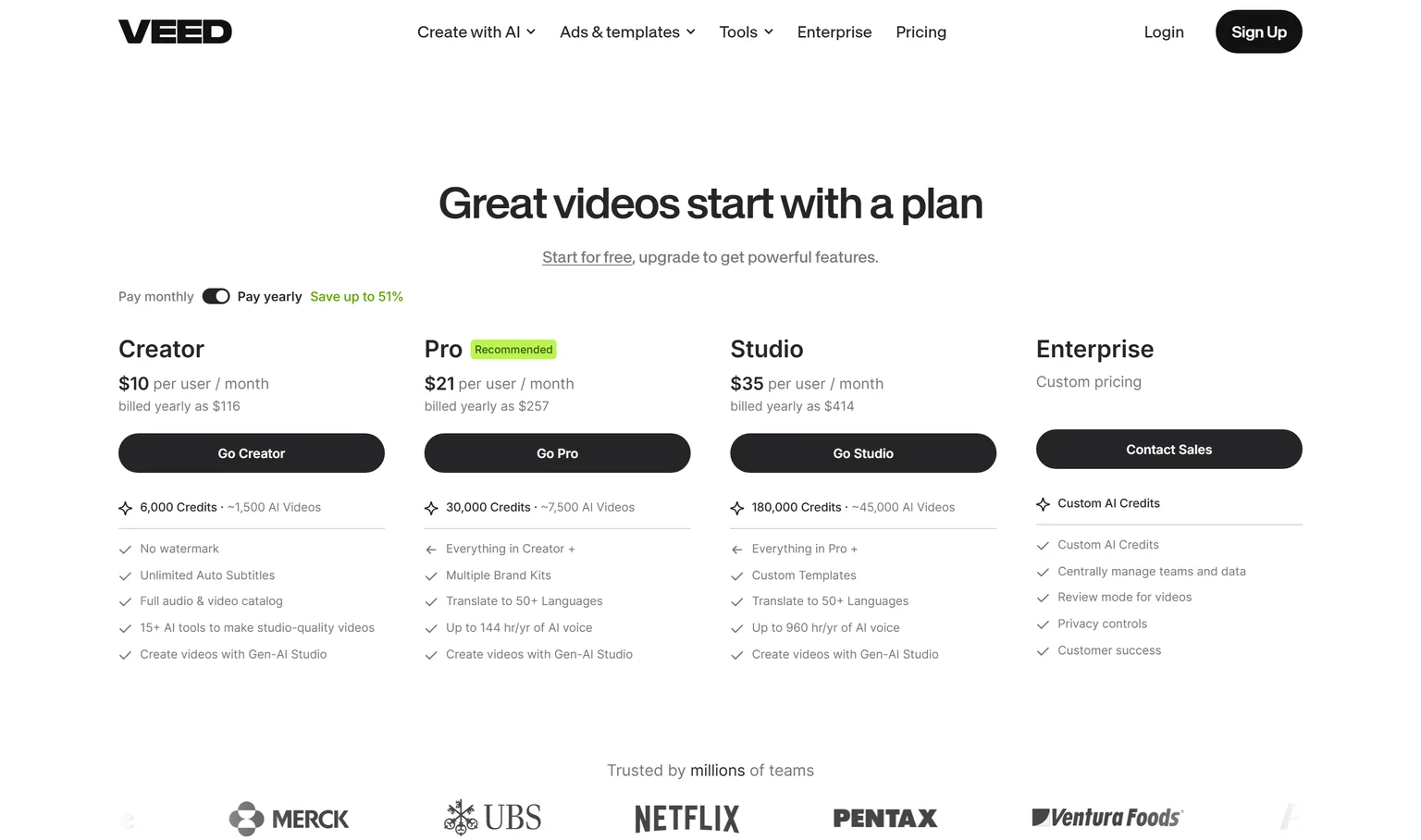 VEED pricing page showing the Creator, Pro, Studio and Enterprise plans with yearly billing