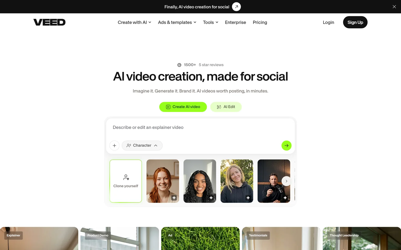 VEED homepage with the headline AI video creation, made for social