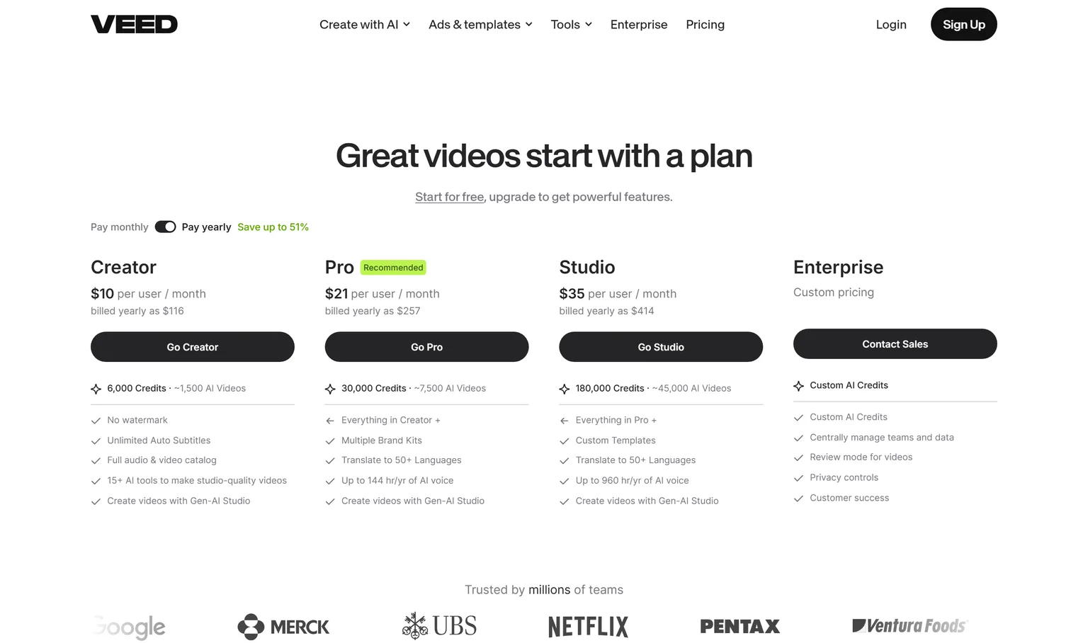 VEED pricing page showing the Creator, Pro, Studio and Enterprise plans with yearly billing